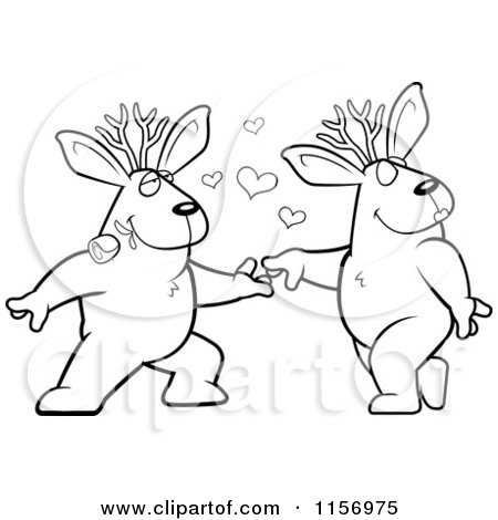Cartoon Clipart Of A Black And White Romantic Jackalope Pair Dancing - Vector Outlined Coloring Page by Cory Thoman