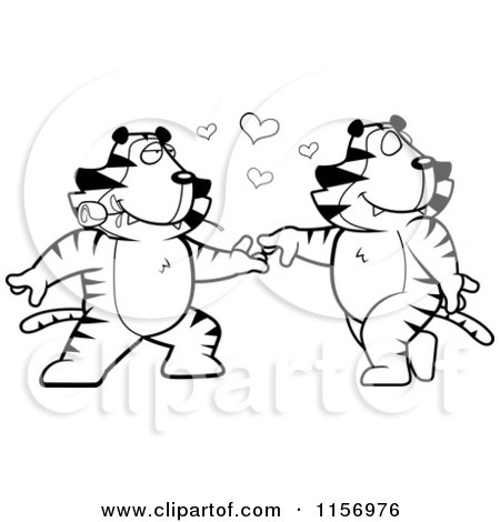 Cartoon Clipart Of A Black And White Romantic Tiger Couple Dancing - Vector Outlined Coloring Page by Cory Thoman