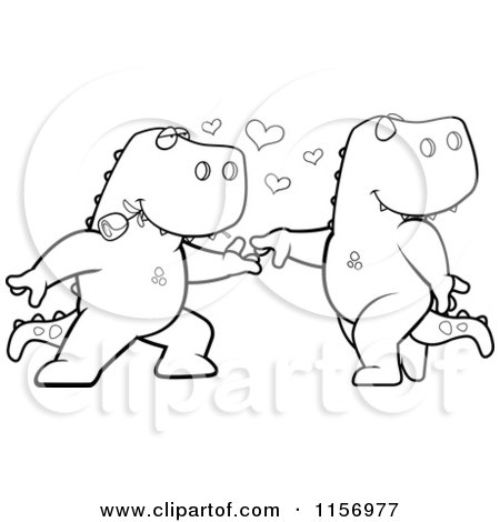 Cartoon Clipart Of A Black And White T Rex Pair Dancing - Vector Outlined Coloring Page by Cory Thoman