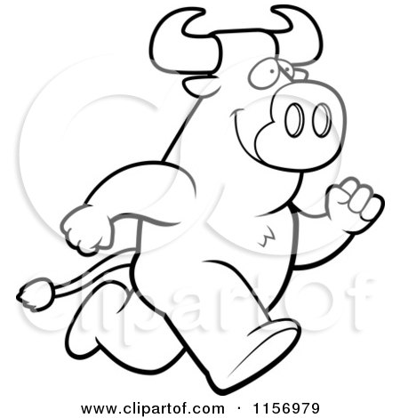 Cartoon Clipart Of A Black And White Bull Running Upright - Vector Outlined Coloring Page by Cory Thoman