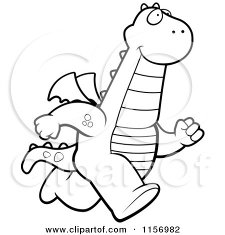 Cartoon Clipart Of A Black And White Dragon Running Upright - Vector Outlined Coloring Page by Cory Thoman