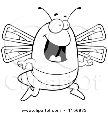 Cartoon Clipart Of A Black And White Happy Running Dragonfly - Vector Outlined Coloring Page by Cory Thoman