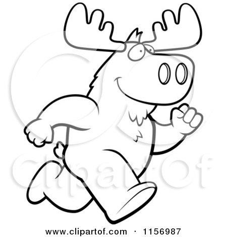 Cartoon Clipart Of A Black And White Moose Running Upright - Vector Outlined Coloring Page by Cory Thoman