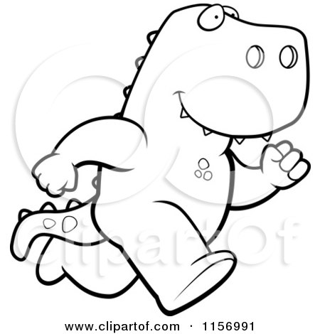 Cartoon Clipart Of A Black And White Running T-Rex - Vector Outlined Coloring Page by Cory Thoman