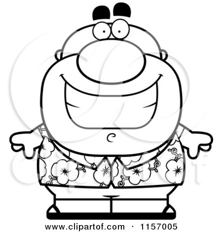 Cartoon Clipart Of A Black And White Chubby Tourist Wearing a Tropical Shirt - Vector Outlined Coloring Page by Cory Thoman