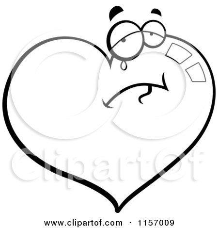 Cartoon Clipart Of A Black And White Sad Crying Heart - Vector Outlined Coloring Page by Cory Thoman