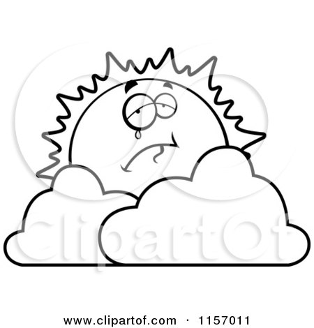 Cartoon Clipart Of A Black And White Crying Sun over Clouds - Vector Outlined Coloring Page by Cory Thoman