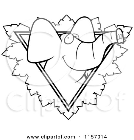 Cartoon Clipart Of A Black And White Elephant Face over a Safari Triangle with Leaves - Vector Outlined Coloring Page by Cory Thoman
