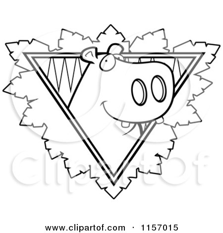 Cartoon Clipart Of A Black And White Hippo Face over a Safari Triangle with Leaves - Vector Outlined Coloring Page by Cory Thoman