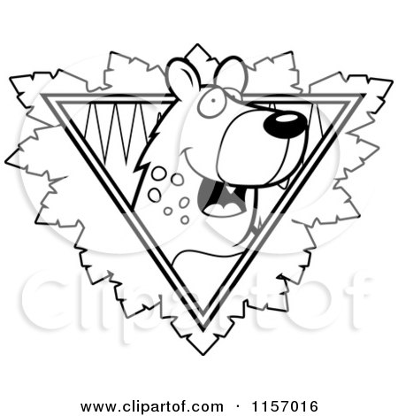 Cartoon Clipart Of A Black And White Hyena Face over a Safari Triangle with Leaves - Vector Outlined Coloring Page by Cory Thoman