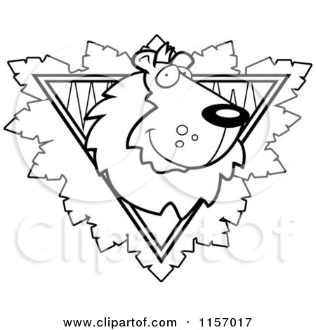 Cartoon Clipart Of A Black And White Lion Face over a Safari Triangle with Leaves - Vector Outlined Coloring Page by Cory Thoman