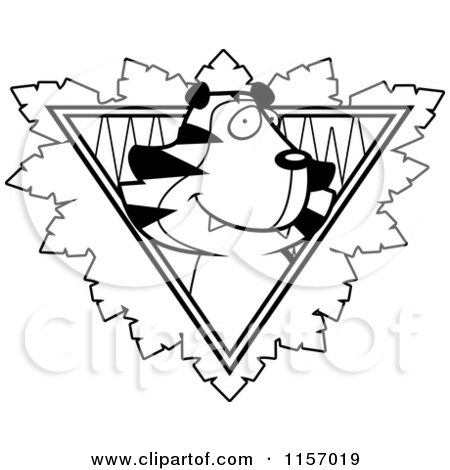Cartoon Clipart Of A Black And White Tiger Face over a Safari Triangle with Leaves - Vector Outlined Coloring Page by Cory Thoman