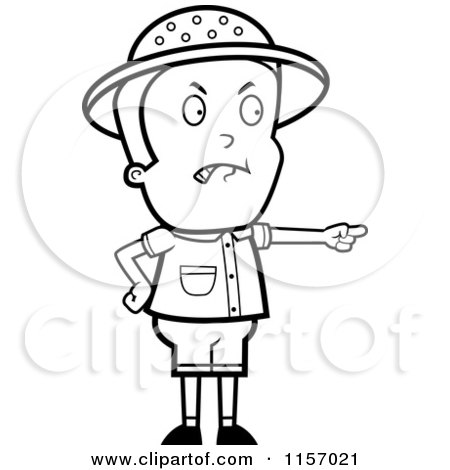 Cartoon Clipart Of A Black And White Mad Safari Boy Pointing - Vector Outlined Coloring Page by Cory Thoman