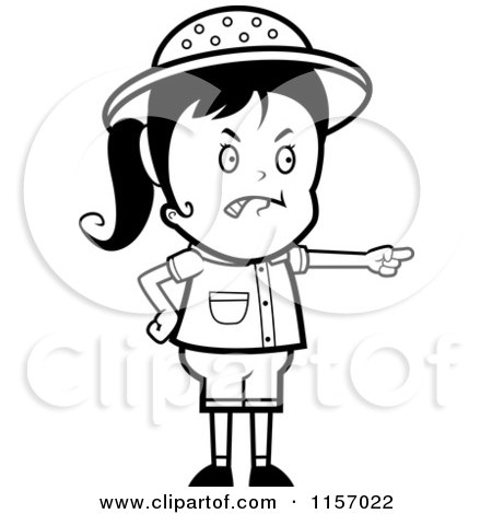 Cartoon Clipart Of A Black And White Mad Pointing Safari Girl - Vector Outlined Coloring Page by Cory Thoman