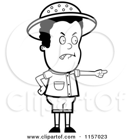 Cartoon Clipart Of A Black And White Safari Boy Pointing Angrily - Vector Outlined Coloring Page by Cory Thoman