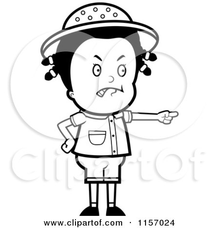 Cartoon Clipart Of A Black And White Mad Safari Girl Pointing - Vector Outlined Coloring Page by Cory Thoman