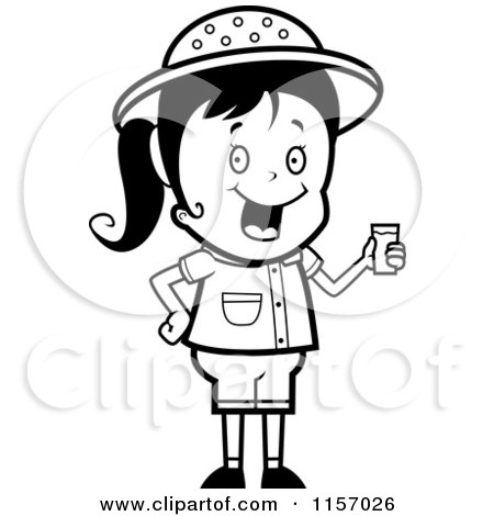 Cartoon Clipart Of A Black And White Cute Safari Girl Drinking Water - Vector Outlined Coloring Page by Cory Thoman