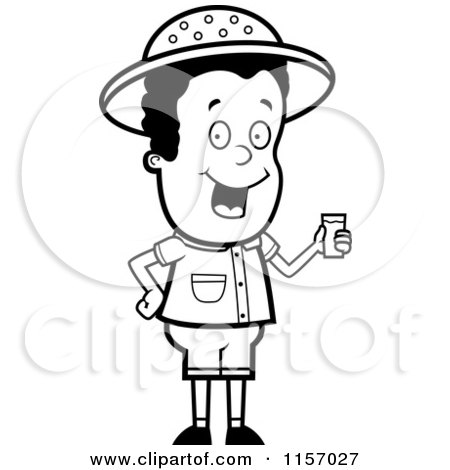 Cartoon Clipart Of A Black And White Safari Boy Holding a Cup of Water - Vector Outlined Coloring Page by Cory Thoman