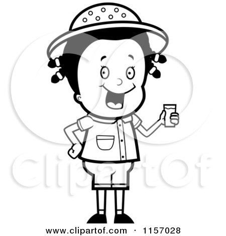 Cartoon Clipart Of A Black And White Happy Safari Girl Holding a Glass of Water - Vector Outlined Coloring Page by Cory Thoman
