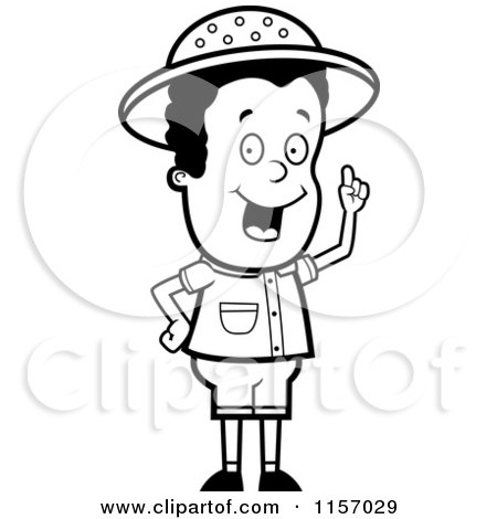 Cartoon Clipart Of A Black And White Safari Boy with an Idea - Vector Outlined Coloring Page by Cory Thoman