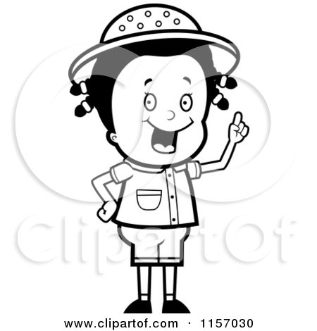 Cartoon Clipart Of A Black And White Smart Safari Girl Holding up Her Finger and Expressing an Idea - Vector Outlined Coloring Page by Cory Thoman
