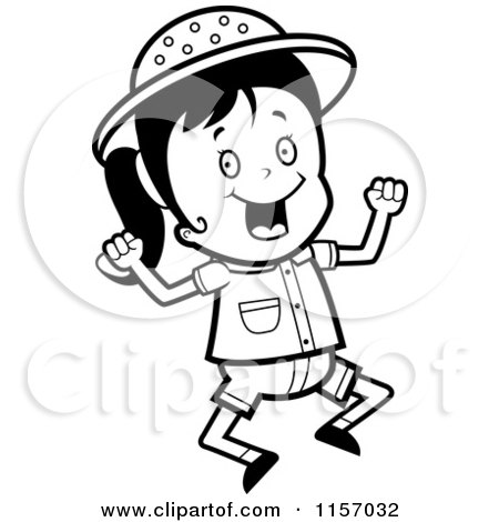 Cartoon Clipart Of A Black And White Happy Safari Girl Jumping - Vector Outlined Coloring Page by Cory Thoman