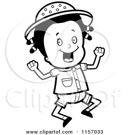 Cartoon Clipart Of A Black And White Safari Girl Jumping - Vector Outlined Coloring Page by Cory Thoman