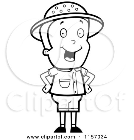 Cartoon Clipart Of A Black And White Energetic Safari Boy Standing with His Hands on His Hips - Vector Outlined Coloring Page by Cory Thoman