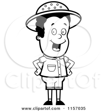 Cartoon Clipart Of A Black And White Safari Boy Standing - Vector Outlined Coloring Page by Cory Thoman