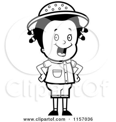 Cartoon Clipart Of A Black And White Happy Safari Girl with Her Hands on Her Hips - Vector Outlined Coloring Page by Cory Thoman