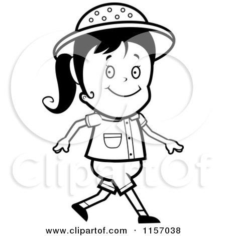 Cartoon Clipart Of A Black And White Safari Girl Smiling and Walking - Vector Outlined Coloring Page by Cory Thoman