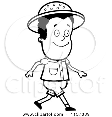 Cartoon Clipart Of A Black And White Safari Boy Walking - Vector Outlined Coloring Page by Cory Thoman