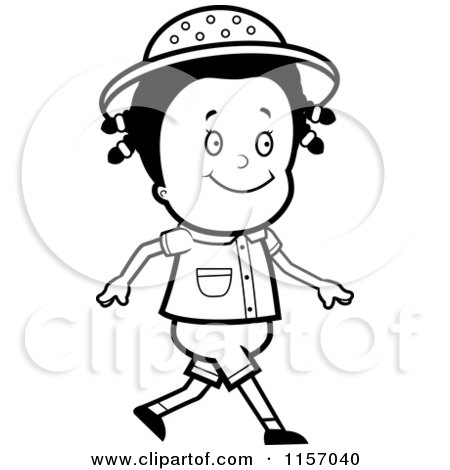 Cartoon Clipart Of A Black And White Happy Safari Girl Walking - Vector Outlined Coloring Page by Cory Thoman