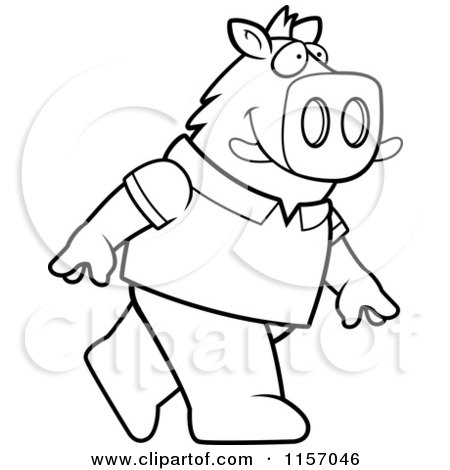 Cartoon Clipart Of A Black And White Boar Wearing a Shirt and Walking Upright - Vector Outlined Coloring Page by Cory Thoman