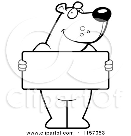 Cartoon Clipart Of A Black And White Friendly Bear Holding a Blank Sign - Vector Outlined Coloring Page by Cory Thoman