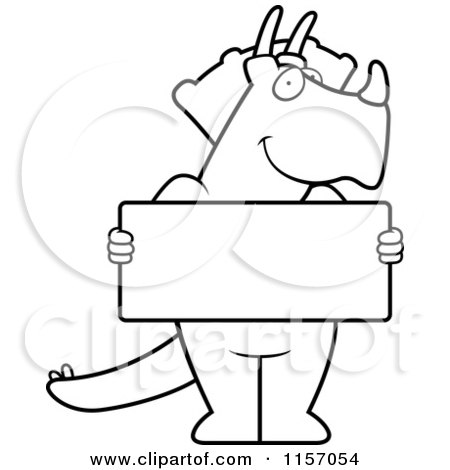 Cartoon Clipart Of A Black And White Friendly Triceratops Holding a Blank Sign - Vector Outlined Coloring Page by Cory Thoman