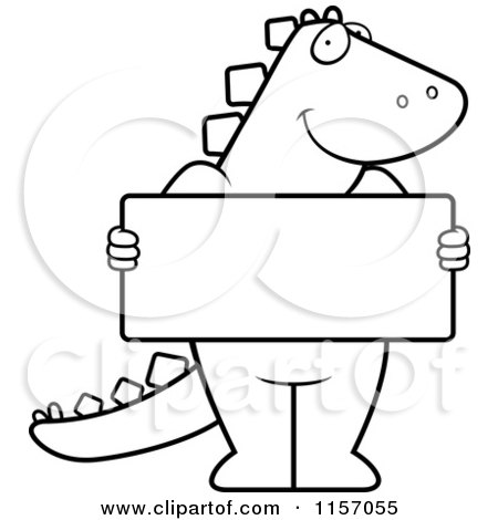 Cartoon Clipart Of A Black And White Dinosaur Standing Upright and Holding a Blank Sign Board - Vector Outlined Coloring Page by Cory Thoman