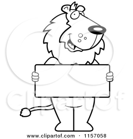 Cartoon Clipart Of A Black And White Lion Holding A Sign - Vector Outlined Coloring Page by Cory Thoman