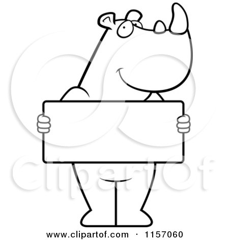 Cartoon Clipart Of A Black And White Rhino Standing Upright and Holding a Blank Sign Board - Vector Outlined Coloring Page by Cory Thoman
