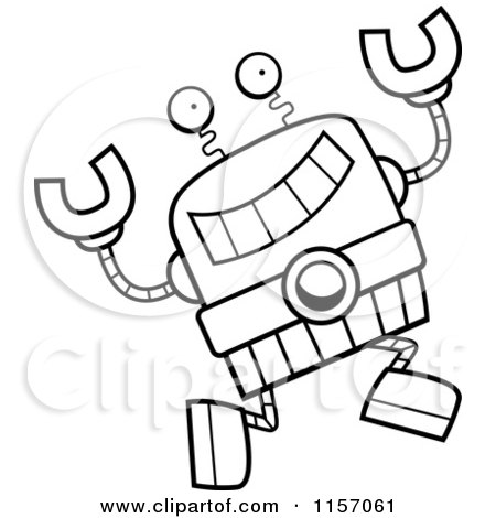 Cartoon Clipart Of A Black And White Happy Leaping Robot - Vector Outlined Coloring Page by Cory Thoman