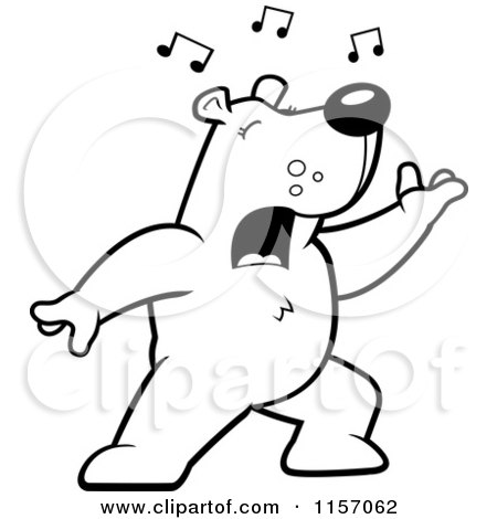 Cartoon Clipart Of A Black And White Singing Bear with Music Notes - Vector Outlined Coloring Page by Cory Thoman