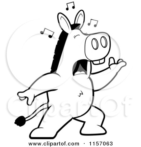 Cartoon Clipart Of A Black And White Donkey Singing and Lunging Forward - Vector Outlined Coloring Page by Cory Thoman