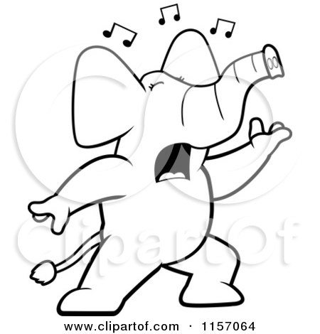 Cartoon Clipart Of A Black And White Singing Elephant with Music Notes - Vector Outlined Coloring Page by Cory Thoman