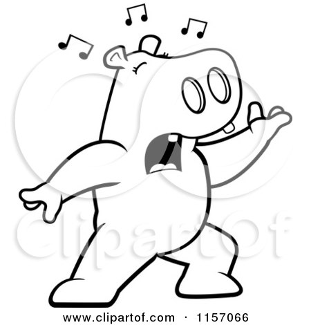 Cartoon Clipart Of A Black And White Singing Hippo with Music Notes - Vector Outlined Coloring Page by Cory Thoman