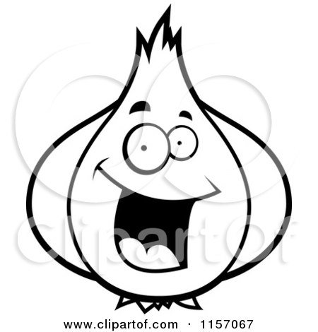 Cartoon Clipart Of A Black And White Happy Garlic Character - Vector Outlined Coloring Page by Cory Thoman