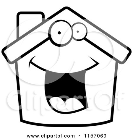 Cartoon Clipart Of A Black And White Happy Home - Vector Outlined Coloring Page by Cory Thoman