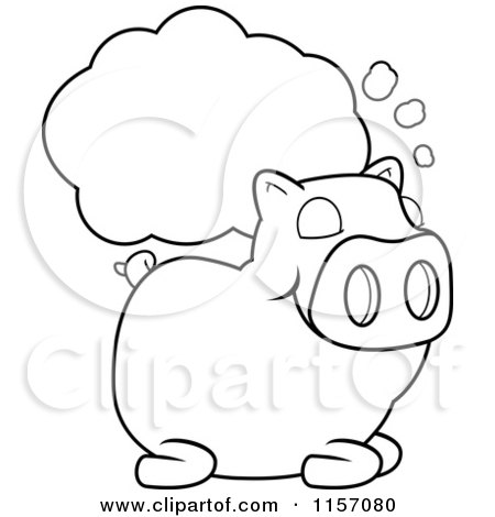 Cartoon Clipart Of A Black And White Sleeping Pig with a Dream Cloud - Vector Outlined Coloring Page by Cory Thoman