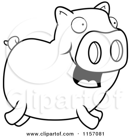 Cartoon Clipart Of A Black And White Happy Piggy Running - Vector Outlined Coloring Page by Cory Thoman