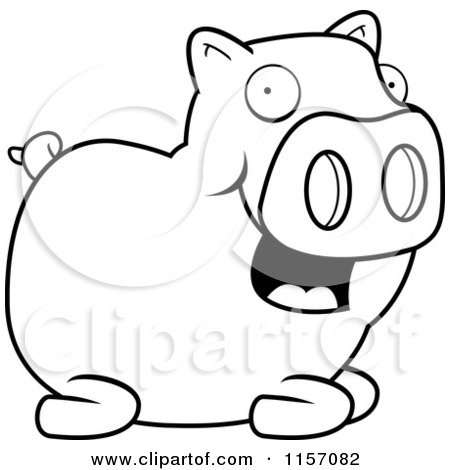 Cartoon Clipart Of A Black And White Happy Pig Sitting - Vector