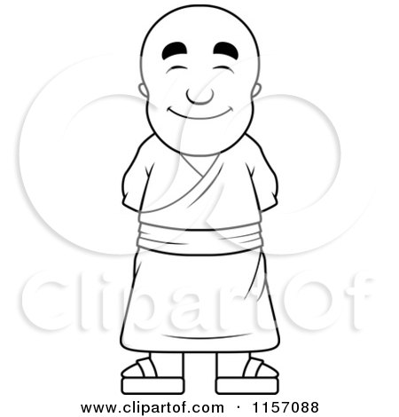 Cartoon Clipart Of A Black And White Pleasant Buddhist Monk - Vector Outlined Coloring Page by Cory Thoman